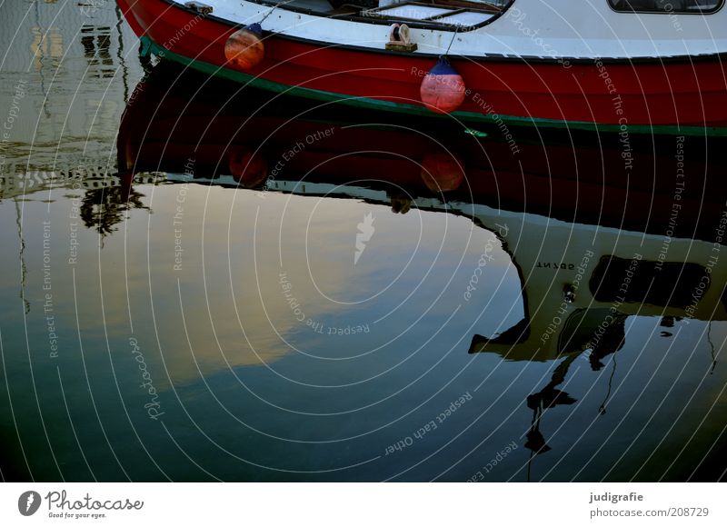 Faroe Islands Coast Bay Tórshavn Føroyar Deserted Harbour Dark Moody Calm Watercraft Buoy Colour photo Exterior shot Day Reflection Surface of water Jetty Red