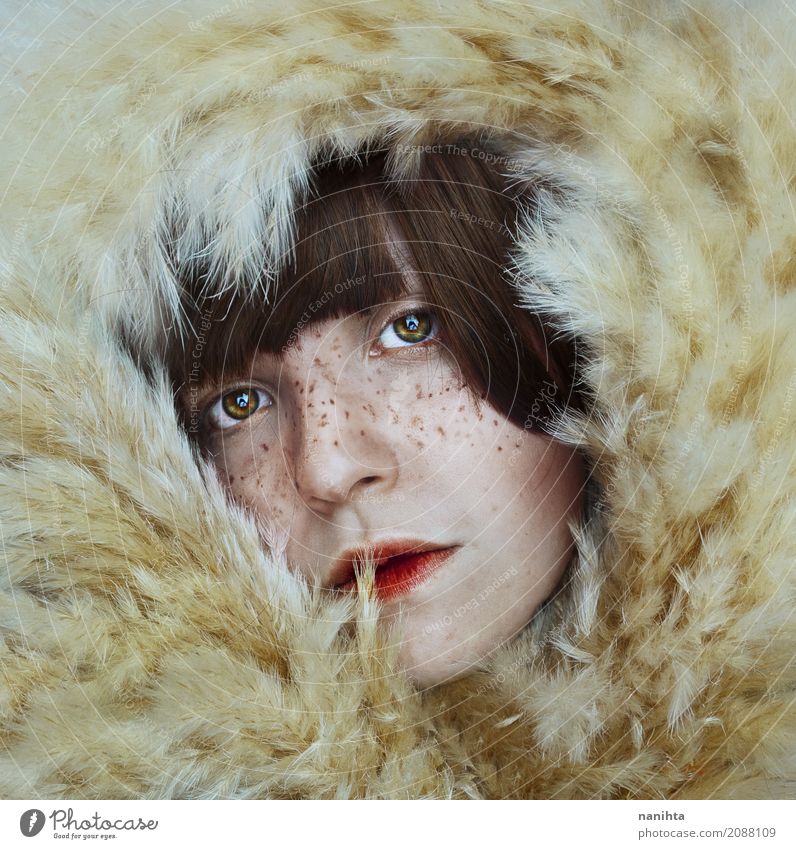 Artistic portrait of a freckled young woman between dry plants Elegant Exotic Beautiful Skin Face Lipstick Freckles Human being Feminine Young woman