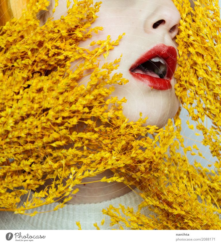 Close up of a young woman's mouth and dry flowers Beautiful Skin Lipstick Human being Feminine Young woman Youth (Young adults) Face Nose Mouth 1 18 - 30 years