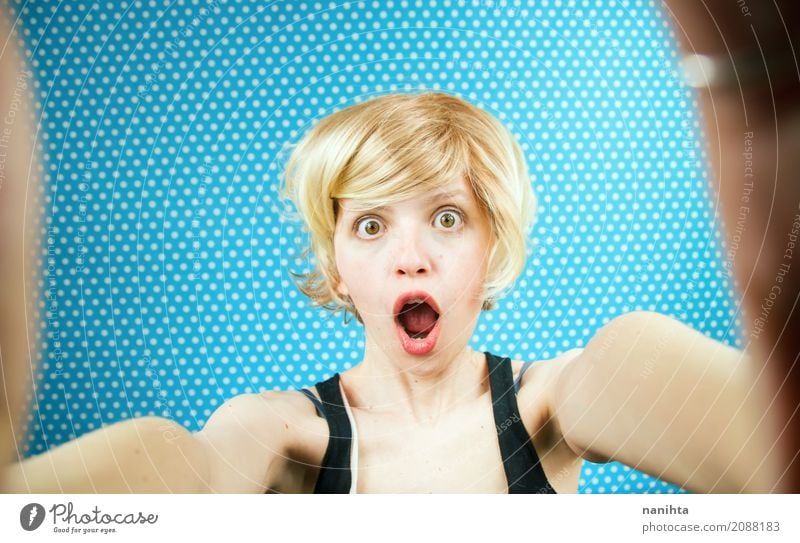 Self-portrait of a young surprised woman Lifestyle Human being Feminine Young woman Youth (Young adults) 1 18 - 30 years Adults Hair and hairstyles Blonde