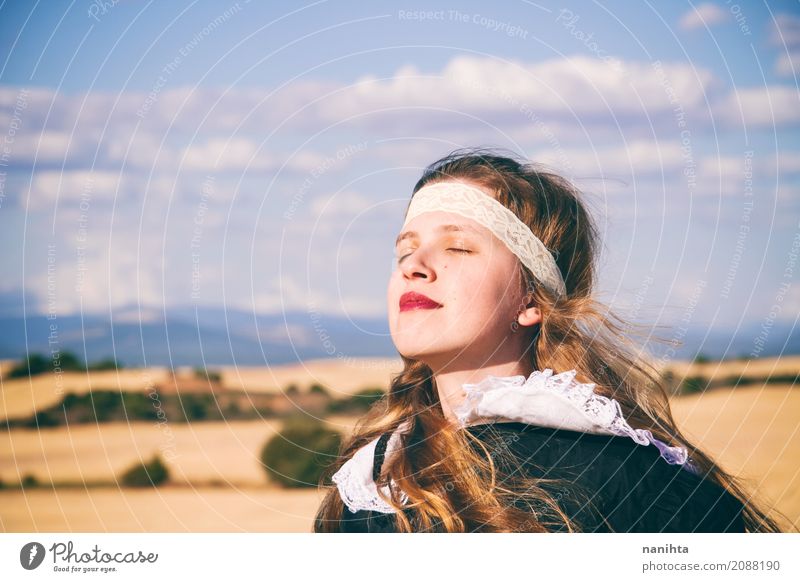 Young woman wearing vintage clothes is breathing outdoors Wellness Life Harmonious Well-being Senses Relaxation Calm Human being Feminine Youth (Young adults) 1