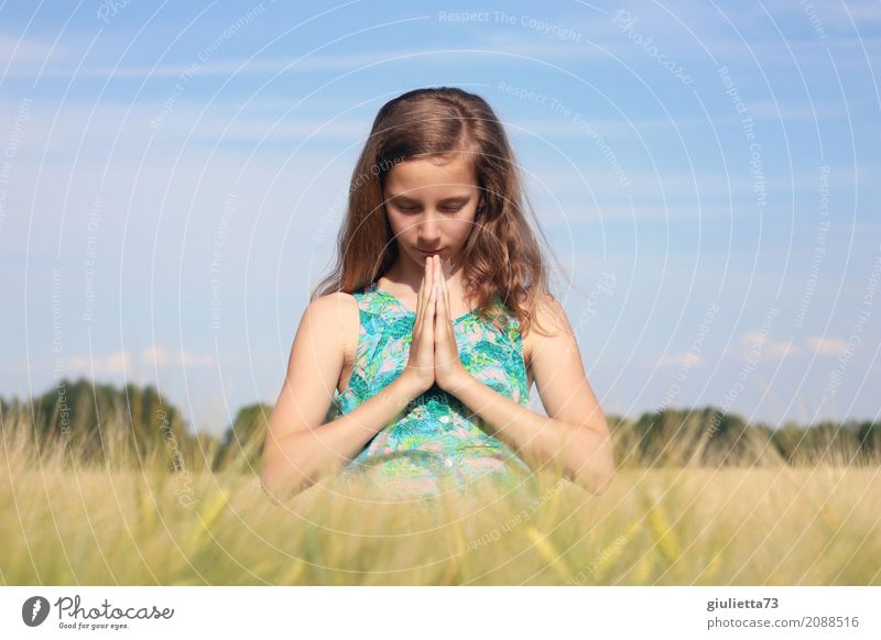 THANK YOU Feminine Girl 1 Human being 8 - 13 years Child Infancy Cloudless sky Sunlight Summer Beautiful weather Field Cornfield Grain field Brunette Blonde