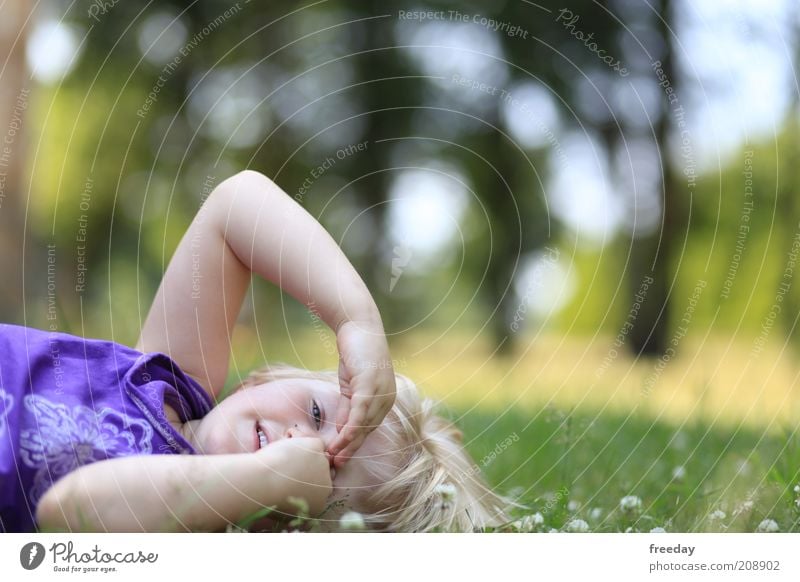 the house from... Life Child Girl Infancy Face Arm Hand Fingers 3 - 8 years Nature Landscape Garden Park Meadow Dress Hair and hairstyles Blonde Lie Funny Joy