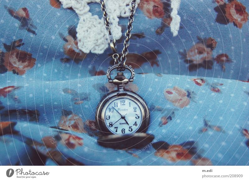 the clock is ticking Cloth Flowery pattern Accessory Necklace Fob watch Old Vintage Colour photo Exterior shot Close-up Detail Antique Antiquarian