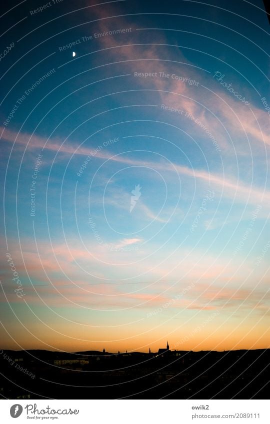 Moon over East Saxony Environment Sky Clouds Horizon Beautiful weather Bautzen Lausitz forest Germany Small Town Skyline Church Dome Church spire Blue Orange