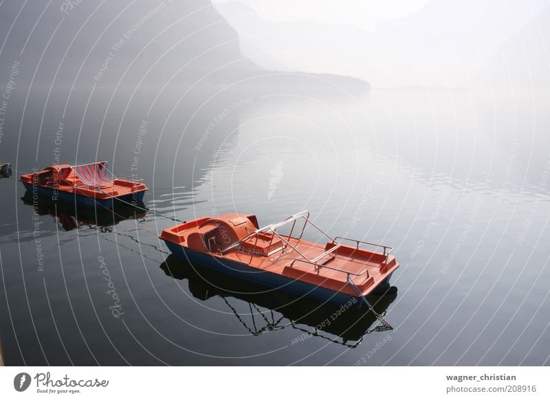 Boats at the lake Vacation & Travel Tourism Trip Mountain Nature Landscape Water Fog Lakeside Lake Hallstatt Boating trip Pedalo Moody Serene Calm Ease