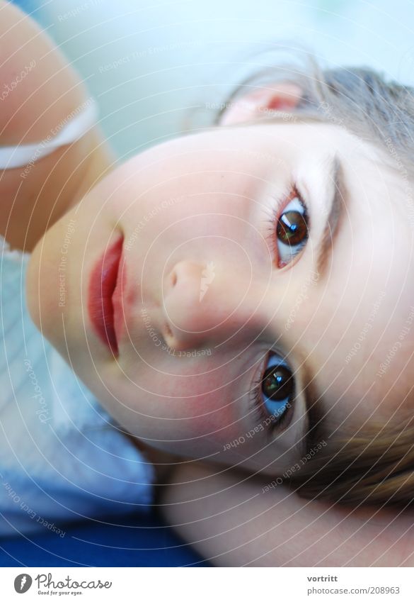 instant Elegant Human being Child Girl Eyes 1 3 - 8 years Infancy Dress Brunette Lie Looking Beautiful Soft Blue White Purity Colour photo Exterior shot Day