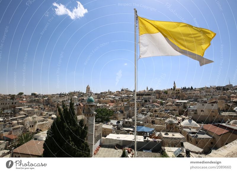 View over Jerusalem Lifestyle Vacation & Travel Flag West Jerusalem Israel Old town Minaret Judaism Christianity Colour photo East Jerusalem