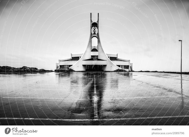 leave out in the rain Town Port City Deserted Church Architecture Dark Iceland Rain Lantern Car Parking lot stykkisholmur Black & white photo Exterior shot