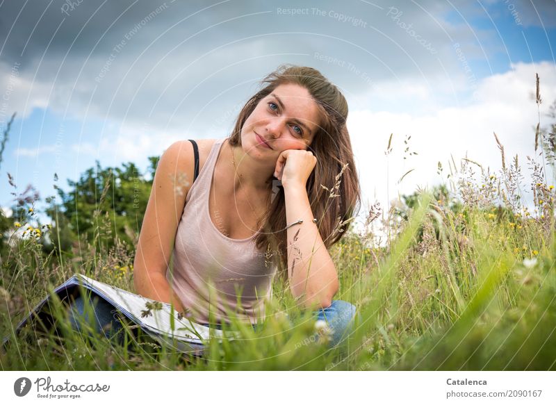 A short break, the young woman on the lawn takes a break from learning Feminine Young woman Youth (Young adults) 1 Human being Nature Plant Sky Clouds Summer