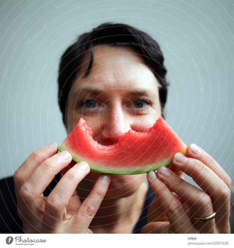 Happy smiling caucasian Woman woke up holding watermelon ! Fruit Water melon Melon Nutrition Eating Organic produce Vegetarian diet Finger food Lifestyle Joy