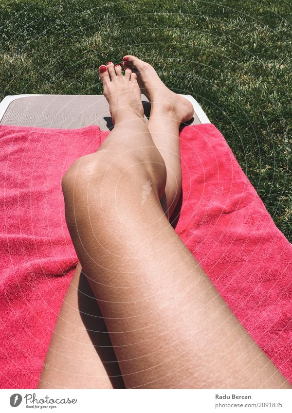 Beautiful Girl Relaxing Her Feet On Pink Towel In Grass Lifestyle Exotic Body Pedicure Wellness Relaxation Spa Freedom Summer Sunbathing Garden Human being