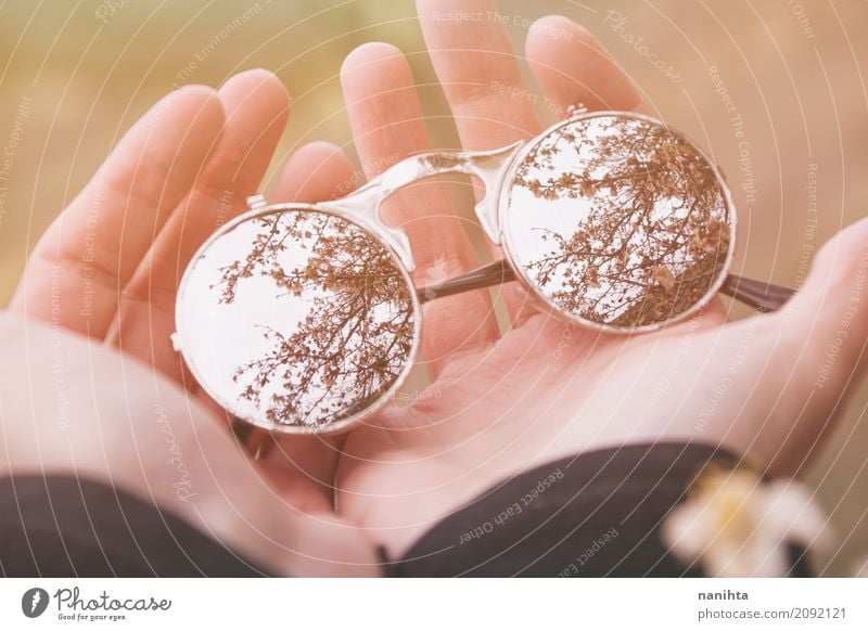 Hands holding sunglasses with a beautiful flower tree reflection Human being Youth (Young adults) Fingers 1 18 - 30 years Adults Environment Nature Summer Tree