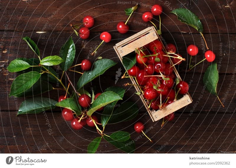 Fresh sour cherries in a box on a wooden table Fruit Vegetarian diet Diet Bowl Summer Table Leaf Dark Delicious Juicy Sour Wild Brown Green Red Berries Cherry