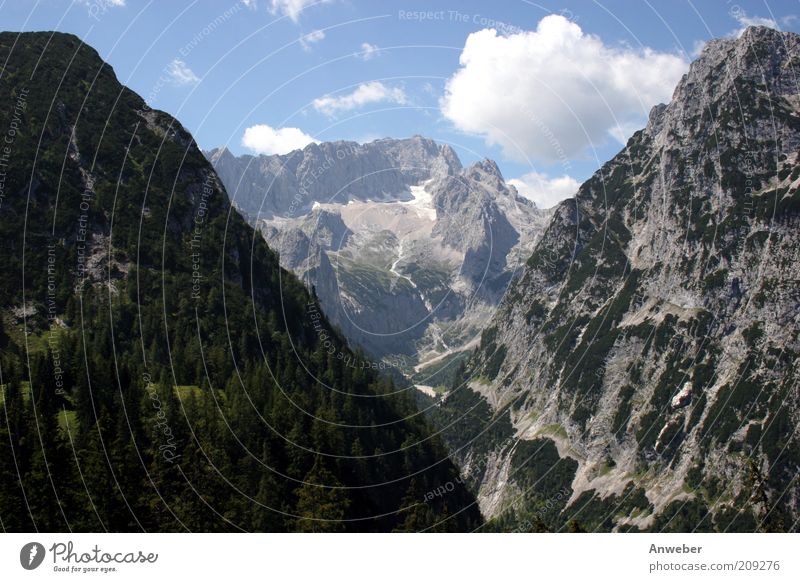 Zugspitze through the Höllental valley Environment Nature Landscape Clouds Summer Climate Climate change Weather Beautiful weather Tree Alps Mountain