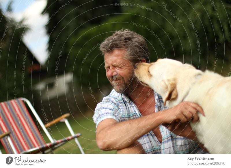 cats... uh... dog linen Garden Human being Masculine Man Adults 1 45 - 60 years Shirt Brunette Short-haired Beard Pet Dog Animal Sit Brash Attachment Lick