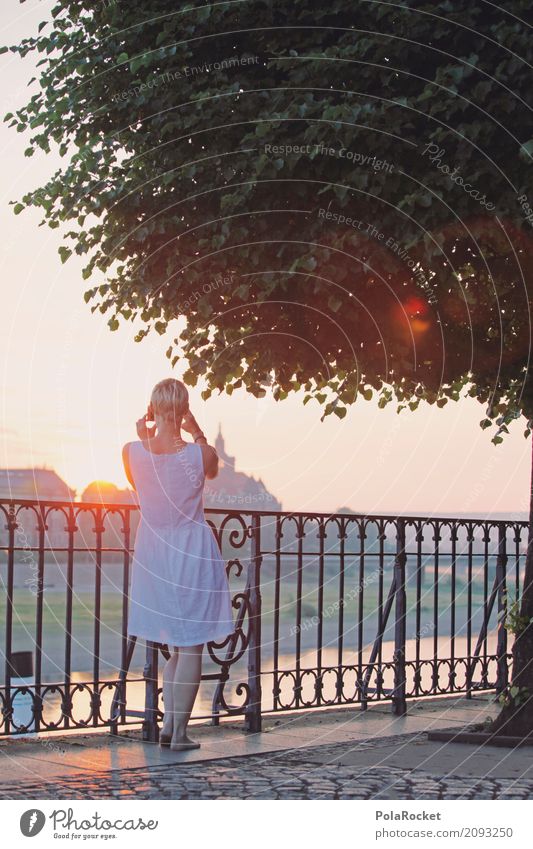 #A# Taking Pictures Art Esthetic Dresden Brühlsche Terrasse Sunrise Dress Woman Take a photo Tourist Early riser Handrail Photo shoot Elbe Elbtalaue Saxony