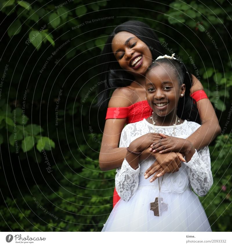 Sisters during a communion celebration Feminine Girl Woman Adults 2 Human being Plant Tree Park Dress Jewellery Black-haired Long-haired Braids Observe