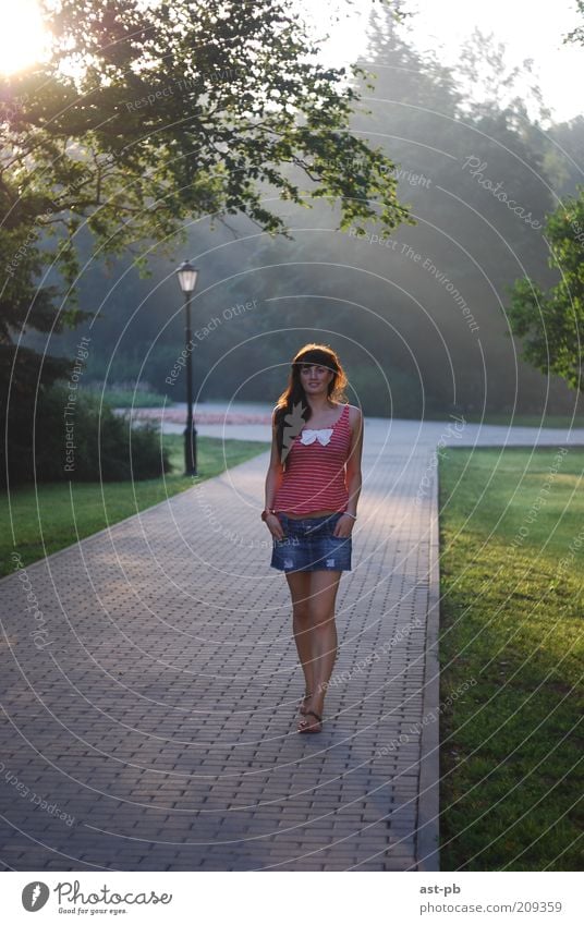 sunny walking Legs Air Sun Solar eclipse Sunrise Sunset Sunlight Park Skirt Jeans Safety (feeling of) Colour photo Exterior shot Morning Central perspective