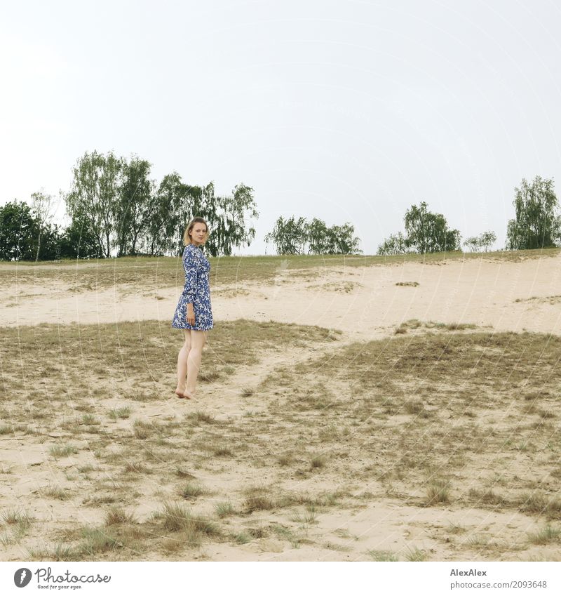 almost passed Beautiful Trip Dune Marram grass Young woman Youth (Young adults) 18 - 30 years Adults Nature Landscape Earth Summer Beautiful weather Tree Bushes