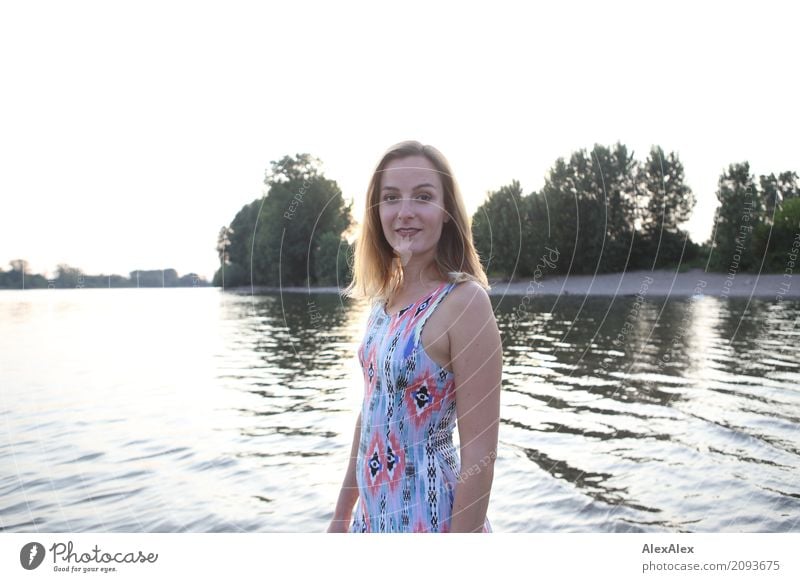 Young woman standing in the river Rhine Style pretty Harmonious Well-being Trip Summer Youth (Young adults) 18 - 30 years Adults Landscape Water