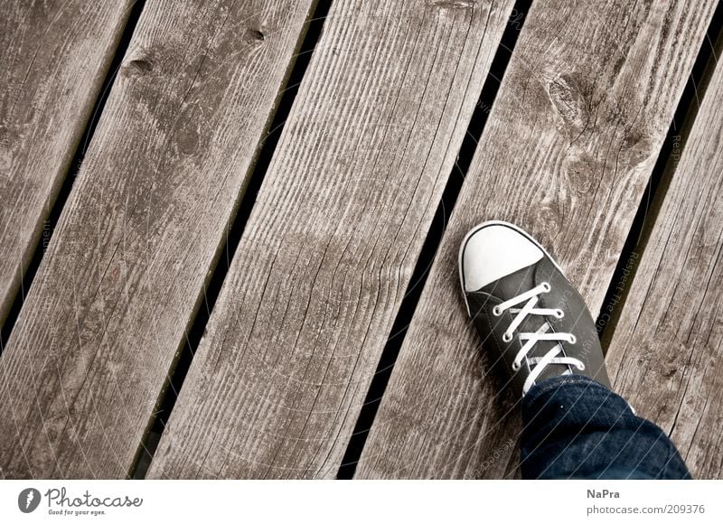 running board Human being Legs Feet Footbridge Pants Jeans Leather Footwear Sneakers Wood Line Stripe Gray Colour photo Exterior shot Bird's-eye view Chucks