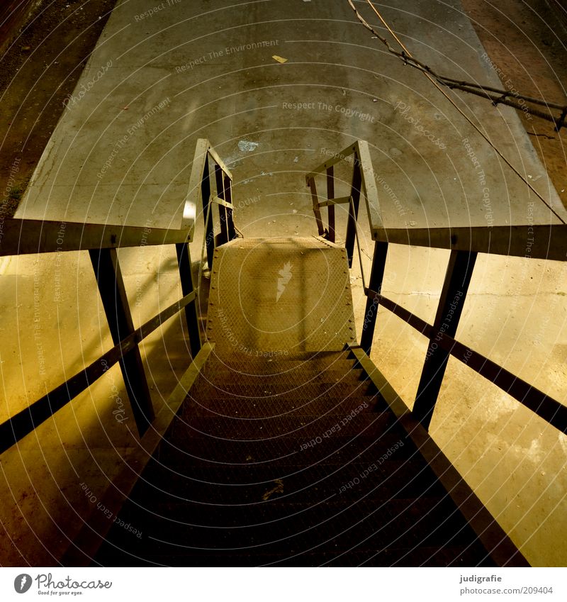 industrial romance Manmade structures Stairs Concrete Steel Old Dark Moody Decline Landing Banister Downward Colour photo Subdued colour Interior shot Deserted