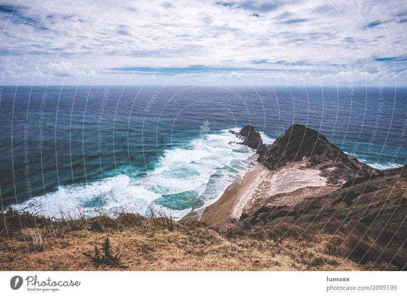 cape reinga Nature Landscape Elements Water Clouds Summer Coast Ocean Pacific Ocean Blue Brown New Zealand Remote Waves Beach North Island Colour photo