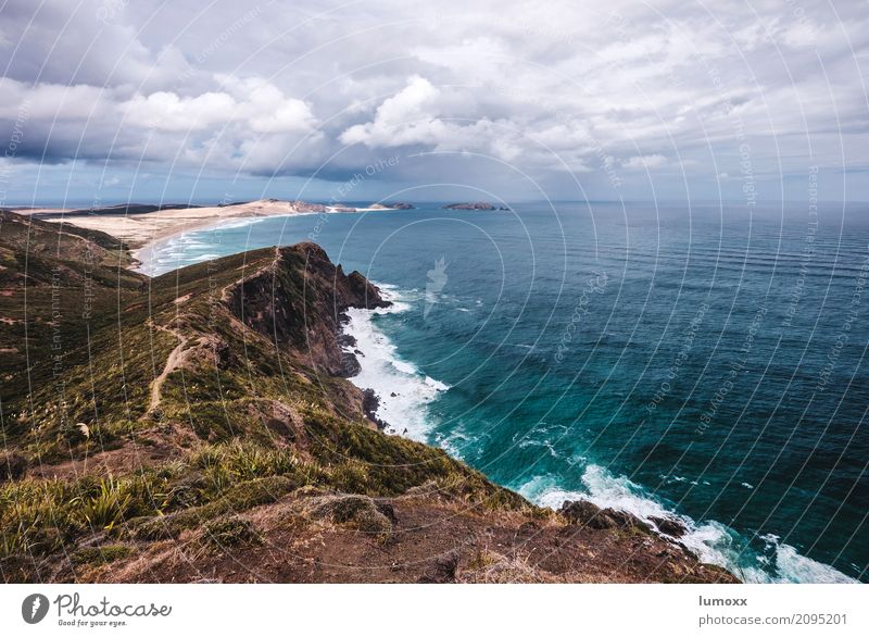 remote Nature Landscape Clouds Storm clouds Summer Bad weather Waves Coast Beach Ocean Tasman sea New Zealand Australia + Oceania Blue Cape Reigna Remote