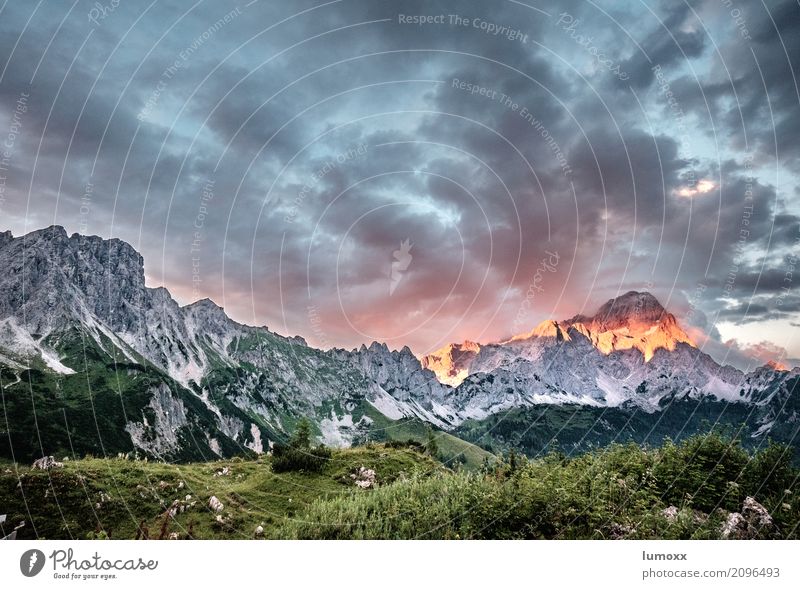 ALPENGLÜHEN Nature Landscape Plant Clouds Sunrise Sunset Summer Rock Alps Mountain Dachstein Dachstein mountains gate Peak Hiking Gray Green Red alpenglow