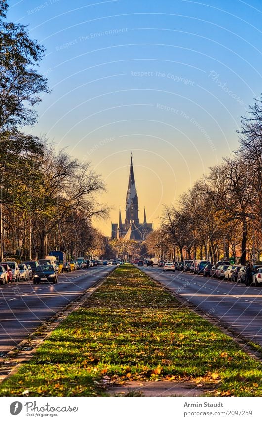 church Lifestyle Far-off places Environment Landscape Cloudless sky Spring Tree Meadow Town Church Manmade structures Tourist Attraction Transport Street Car