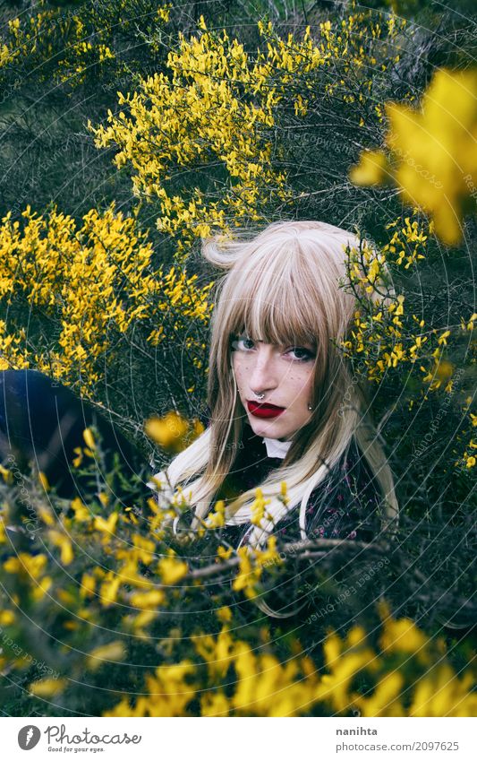 Young woman with a lot of yellow flowers Beautiful Freckles Wellness Human being Feminine Youth (Young adults) 1 18 - 30 years Adults Environment Nature Plant