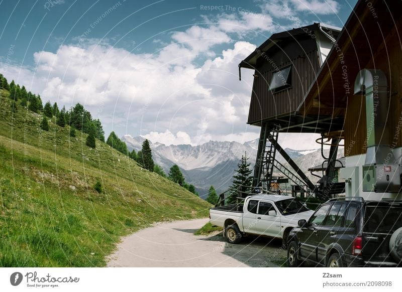 like in the Rockies Nature Landscape Sky Clouds Summer Beautiful weather Meadow Forest Alps Mountain Peak Glacier Street Overpass Car Tall Natural Blue Green