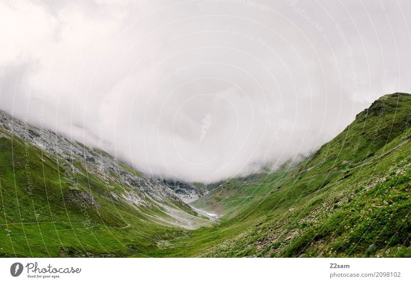 bleak prospects Environment Nature Landscape Clouds Bad weather Fog Rain Alps Mountain Peak Glacier Street Threat Dark Gigantic Natural Gloomy Green Idyll