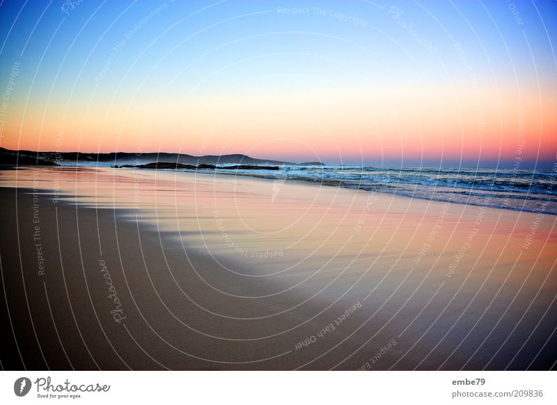 One Mile Beach Environment Nature Landscape Sand Water Sky Cloudless sky Sunrise Sunset Beautiful weather Waves Coast Bay New South Wales Australia Deserted