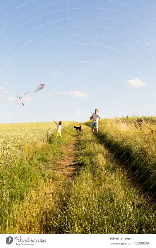 Catch dragons Leisure and hobbies Playing Kite Hang gliding Summer Masculine Family & Relations 2 Human being Nature Beautiful weather Field Blonde Short-haired