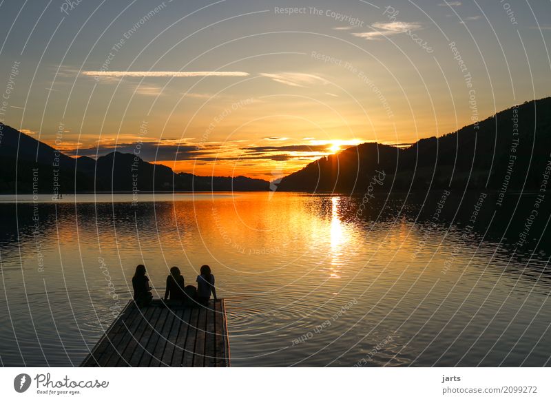 sunset Human being Feminine Friendship 3 Landscape Sunrise Sunset Summer Beautiful weather Hill Mountain Lake To enjoy To talk Sit Natural Serene Patient Calm