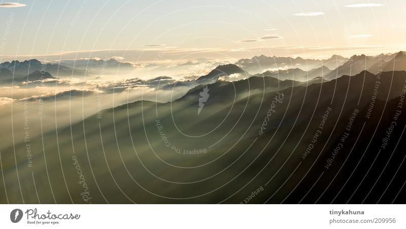 To the mountains in the morning... Far-off places Freedom Summer Mountain Landscape Air Clouds Horizon Beautiful weather Fog Alps Canton Wallis