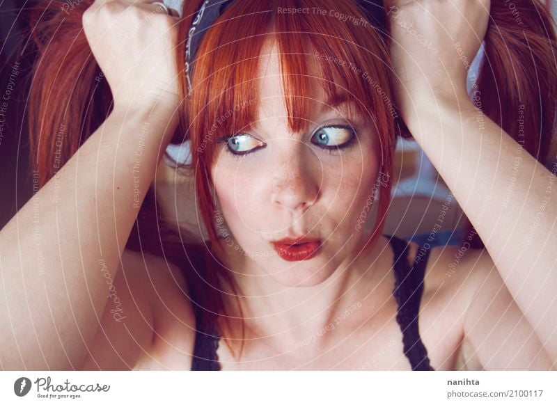 Beautiful, redhead and young woman making a funny face Style Joy Freckles Human being Feminine Young woman Youth (Young adults) 1 18 - 30 years Adults