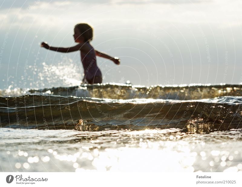 bathing fun Human being Child Infancy Environment Nature Clouds Summer Warmth Waves Coast Baltic Sea Ocean Hot Bright Wet Natural Swimming & Bathing