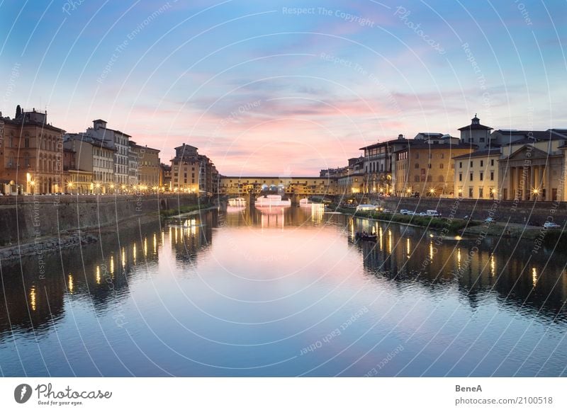 Ponte Vecchio in Florence at sunset Vacation & Travel Tourism Sightseeing City trip Water Cloudless sky Sunrise Sunset River Arno Italy Europe Town Capital city