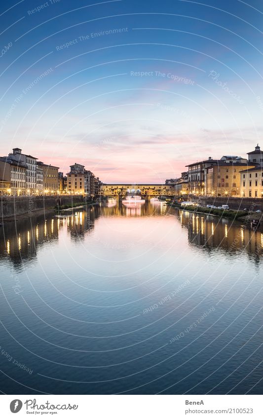 Ponte Vecchio in Florence at sunset Tourism Sightseeing City trip Architecture Cloudless sky Night sky Sunrise Sunset River Arno Italy Town Capital city