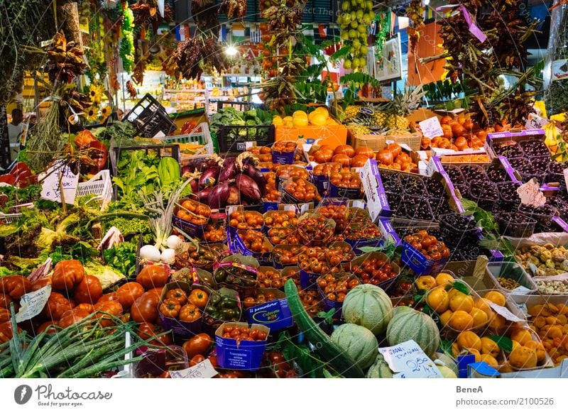 Colourful fruit and vegetable market stall Food Vegetable Lettuce Salad Fruit Apple Orange Cucumber Tomato Melon Onion Nutrition Eating Organic produce