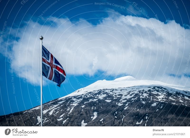 fly the flag Nature Landscape Clouds Summer Weather Beautiful weather Wind Rock Mountain Snowcapped peak Volcano Blue Gray Red White Iceland Flag Flagpole