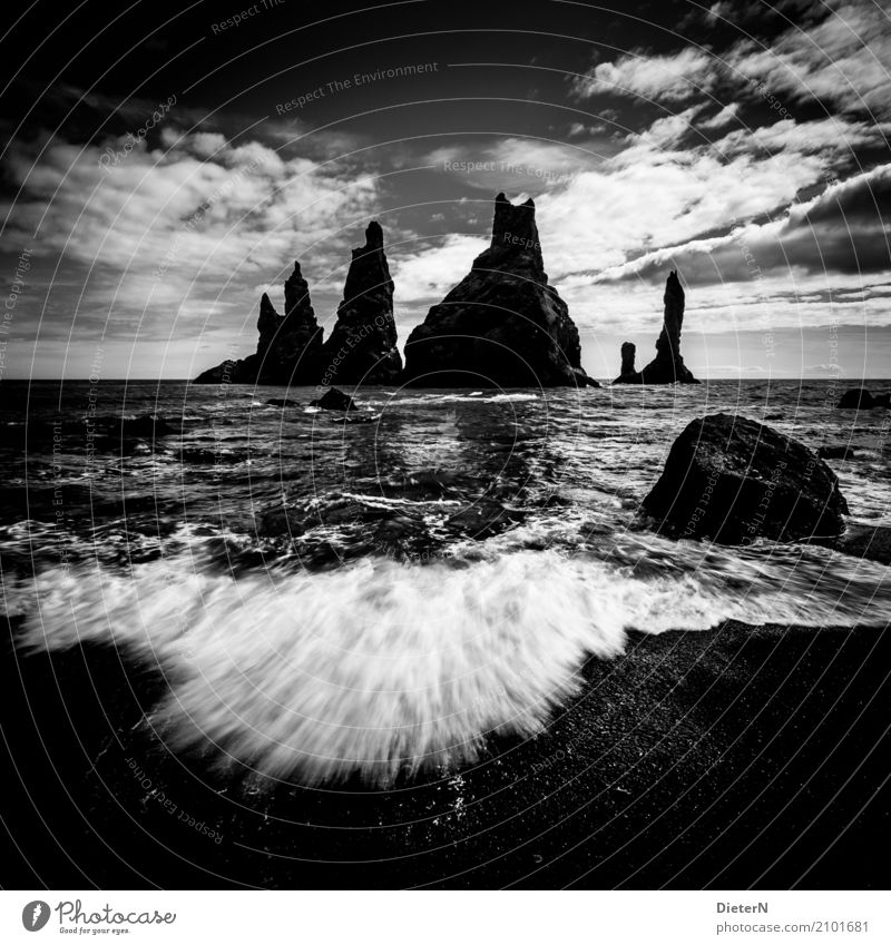 trolls Environment Nature Landscape Sand Water Sky Clouds Horizon Summer Weather Beautiful weather Wind Gale Ocean Atlantic Ocean Gray Black White Iceland Lava