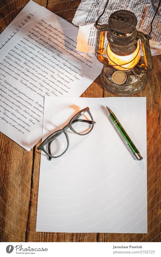 Vintage stuff on old wooden table, Style Design Life Lamp Desk Art Book Paper Pen Wood Metal Rust Old Write Dirty Dark Retro Brown White Nostalgia Ancient