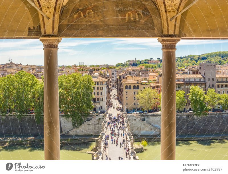 Saint Angel bridge over the river Tiber in Roma Tourism Landscape Tree Leaf Hill River Skyline Bridge Building Architecture Terrace Street White Ancient