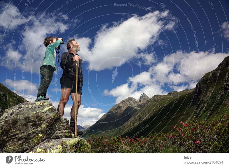 View upwards 2 Human being Environment Nature Landscape Sky Summer Climate Beautiful weather Hill Rock Alps Mountain Peak Observe Malfonalm Malfontal