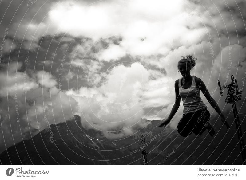 jump! (II) Life Leisure and hobbies Playing Trampoline Jump Hop Crouching Feminine Young woman Youth (Young adults) Nature Clouds Summer Alps Mountain T-shirt