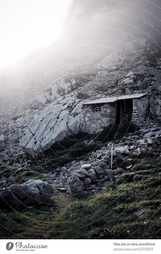 5-star toilet with view Environment Nature Elements Summer Autumn Weather Bad weather Fog Bushes Rock Alps Mountain Hut Toilet Alpine hut refuge Wall (barrier)